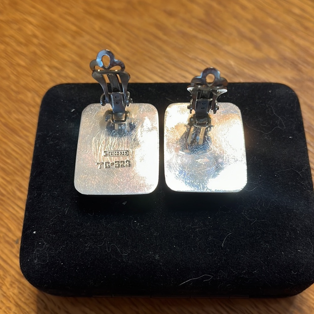 Vintage Square Sterling Silver Onyx Bezzle Clip On Earrings - Picture 2 of 2